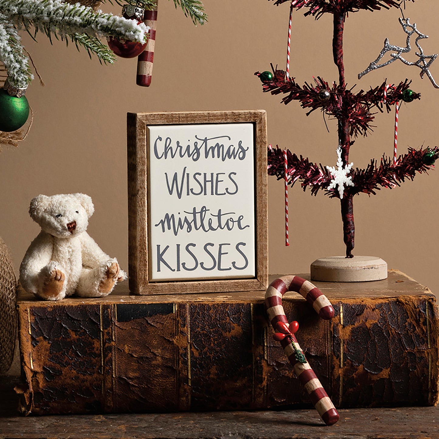 PBK Christmas Decor - Wishes Kisses Mistletoe Mini Tier Tray Block Box Sign