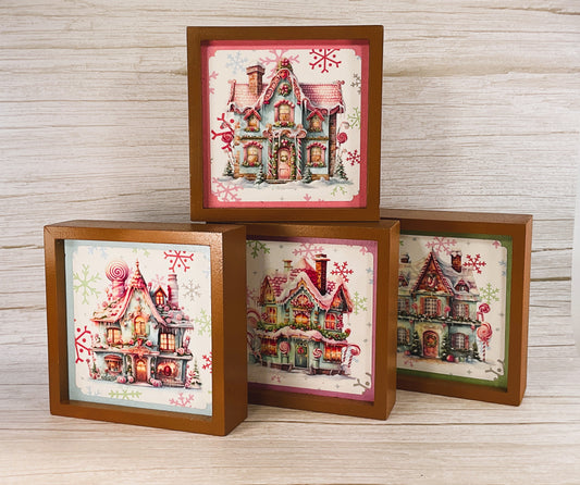 AGSD Christmas Decor - Pink Pastel Gingerbread Houses Tabletop Signs 4pc