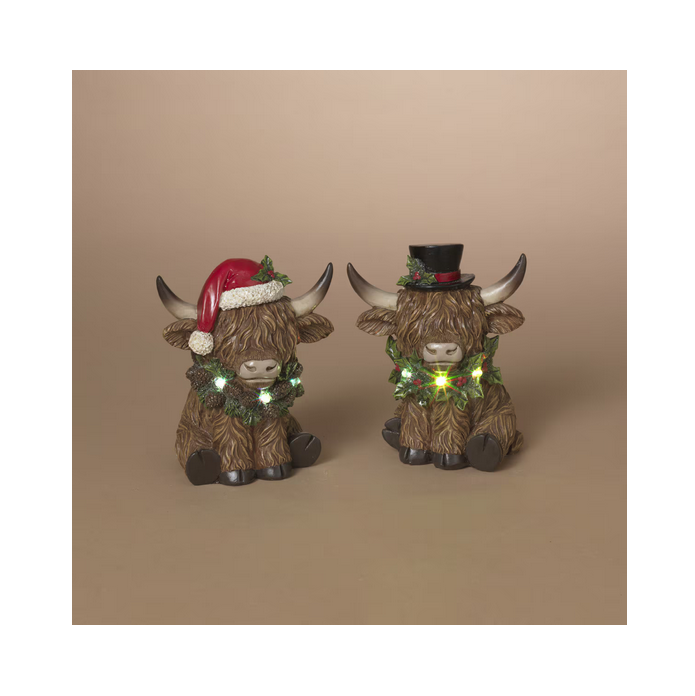 Gerson Christmas Decor - Santa Hat Cap Highland LED Cows Figurines 2pc