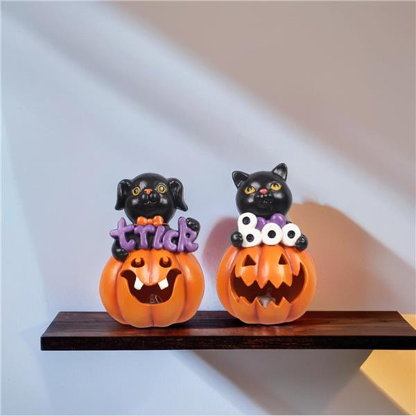 YI Halloween Decor - Cat Dog Jack-o-Lantern Pumpkin Figurines 2pc