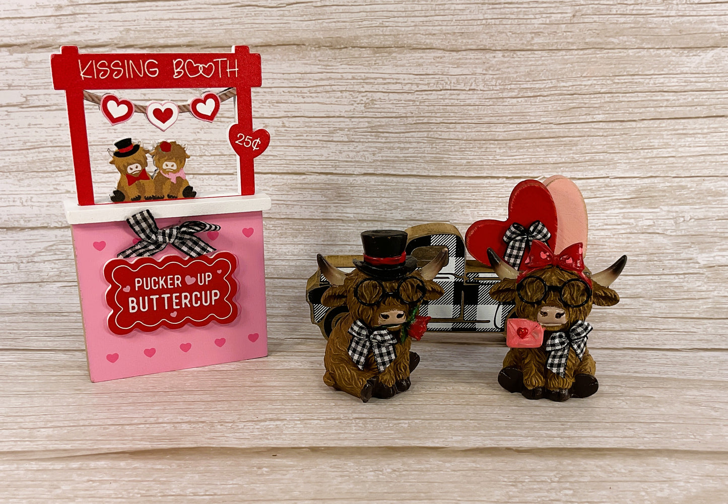 AGSD Valentines Decor - Highland Cow Figurine Booth Truck Tier Tray 4pc Set