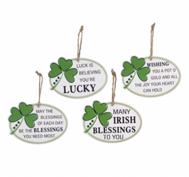 Youngs St. Patricks Day Decor - Tin Metal Shamrock Ornament Signs 4pc