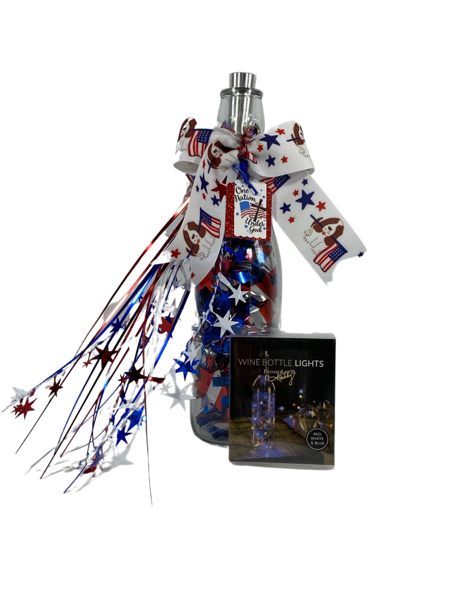 July 4th Puppy Dog Lighted Glass Wine Bottle Display | Patriotic Pet Lover Farmhouse Battery Operated LED Shelf & Mantle Decor