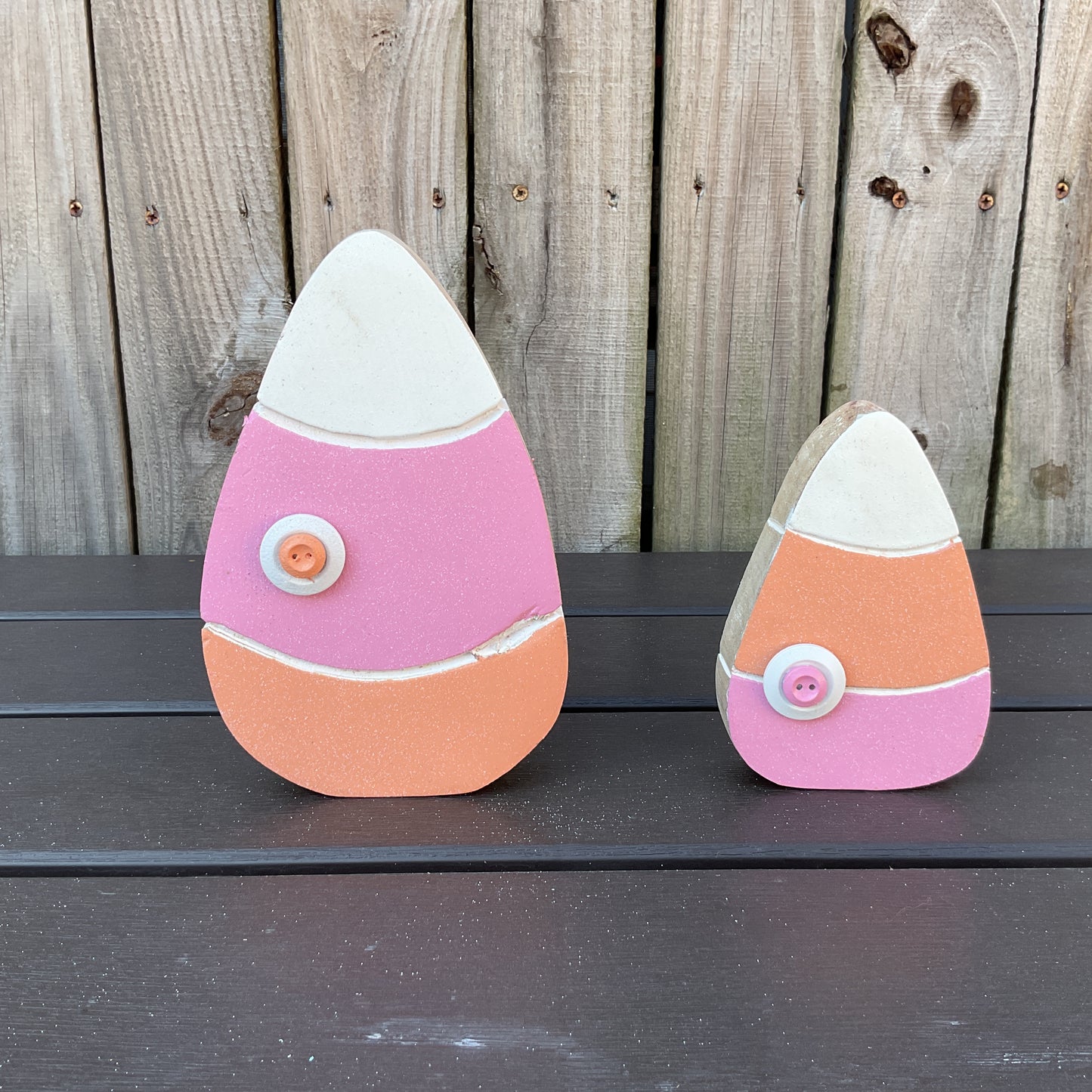 AGD Halloween Decor - Pastel Pink Orange Chunky Wood Candy Corn Sitters 2pc Set