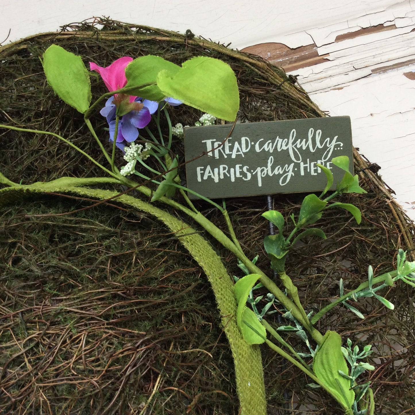 AGD Spring Decor -Fairies Play Here Grapevine Twig Flower Bonnet Hat Wreath