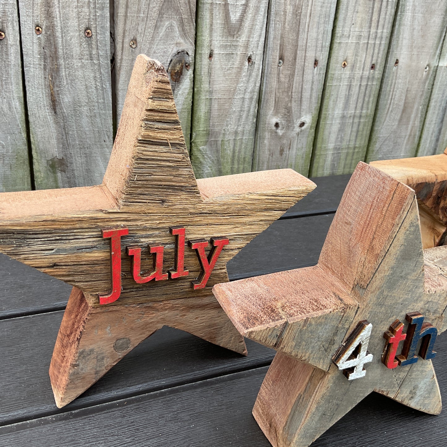 AGSD Patriotic Decor - July 4th Rustic Neutral Chunky Wood Star Sitters 4pc