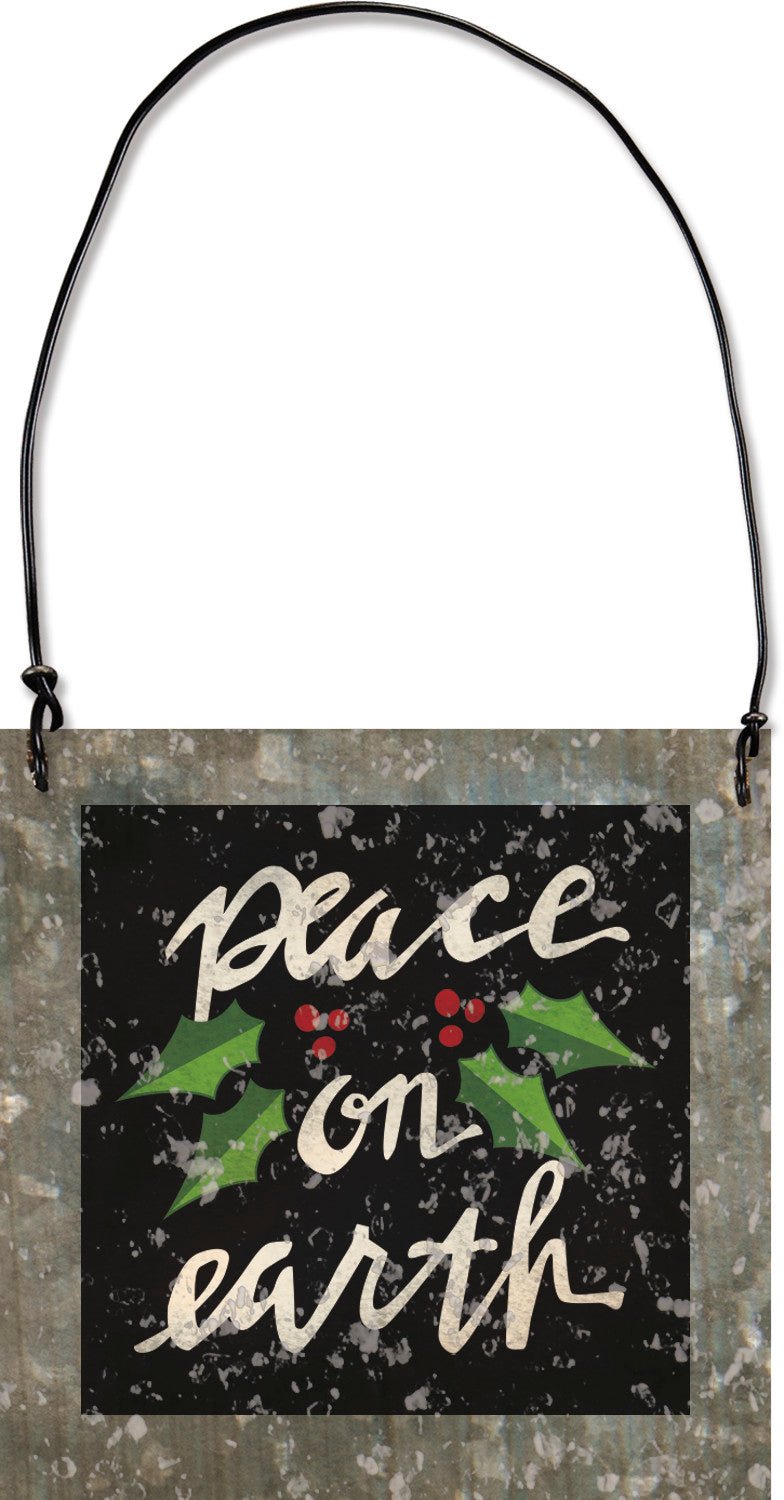 PBK Christmas Decor - Peace On Earth Holly Small Metal Ornament Sign