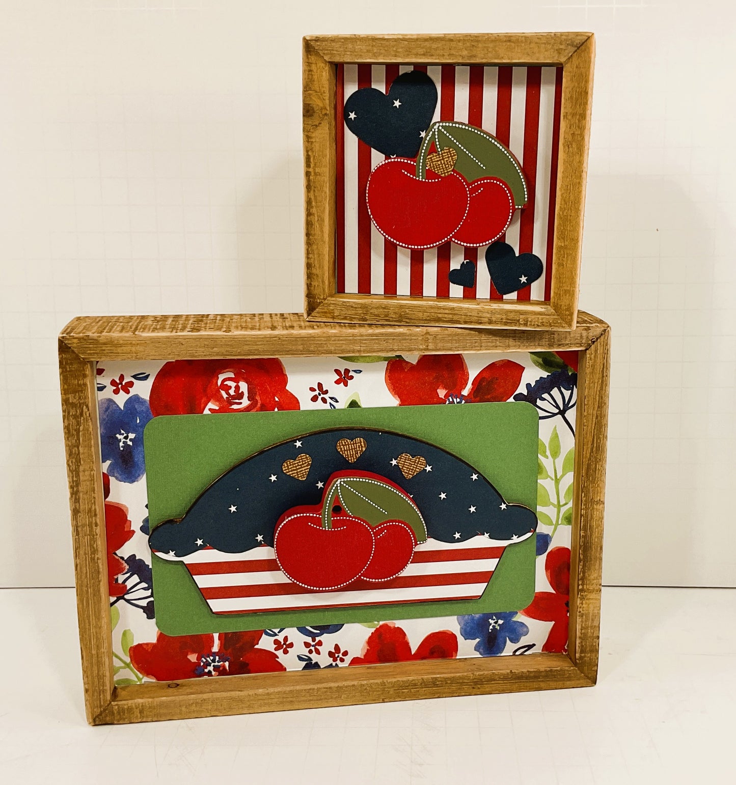 American Cherry Pie Wood Box Sign 2pc Set Red White Blue Patriotic July 4th Decor