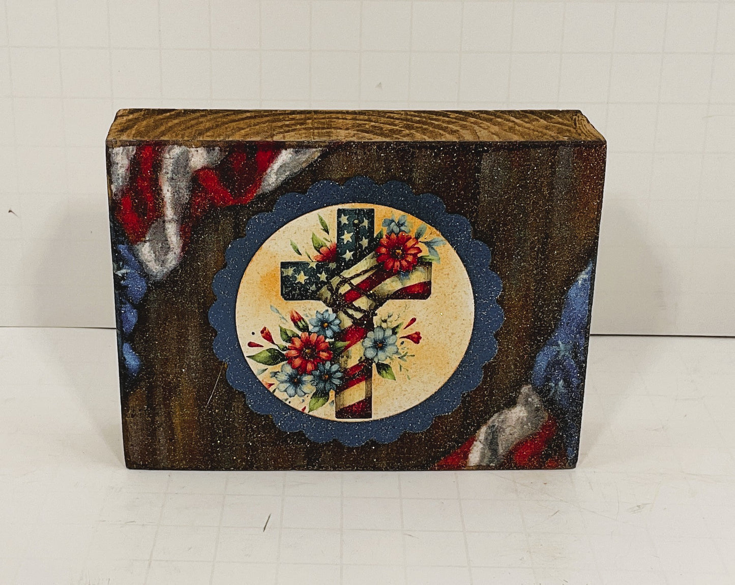AGD Patriotic Decor - Floral American Cross Block Tier Tray SMALL Sign