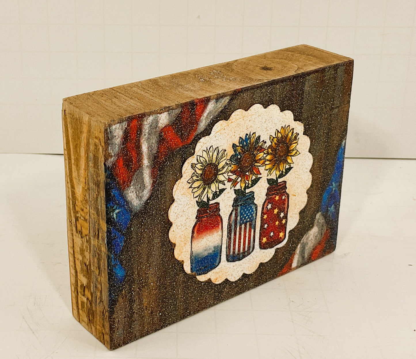 AGD Patriotic Decor - Sunflower Mason Jar Block Tier Tray SMALL Sign