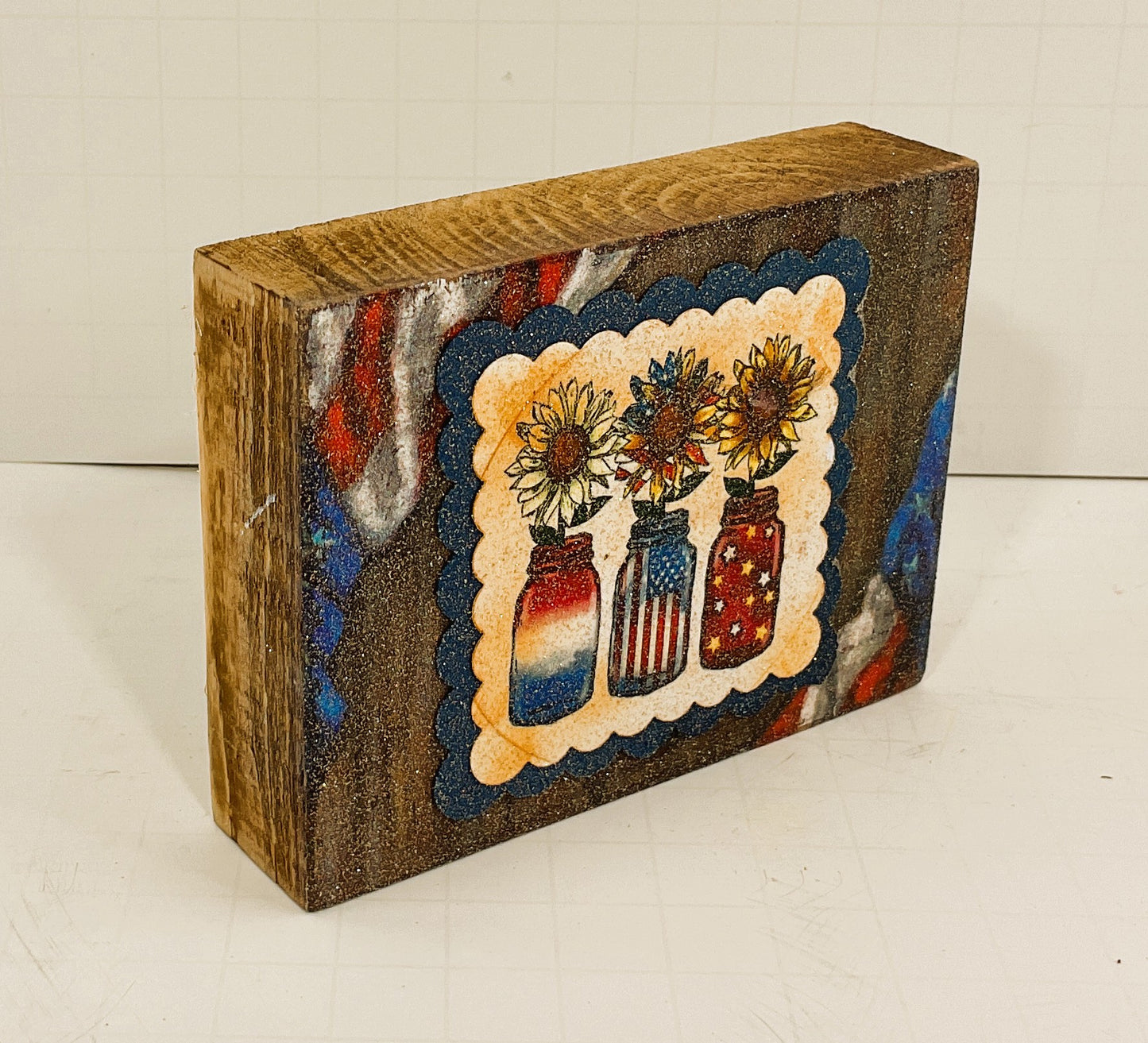 AGD Patriotic Decor - Sunflower Mason Jar Block Tier Tray SMALL Sign