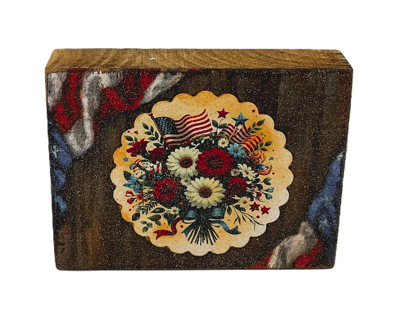 AGD Patriotic Decor - July 4th Floral Bouquet Block Tier Tray SMALL Sign
