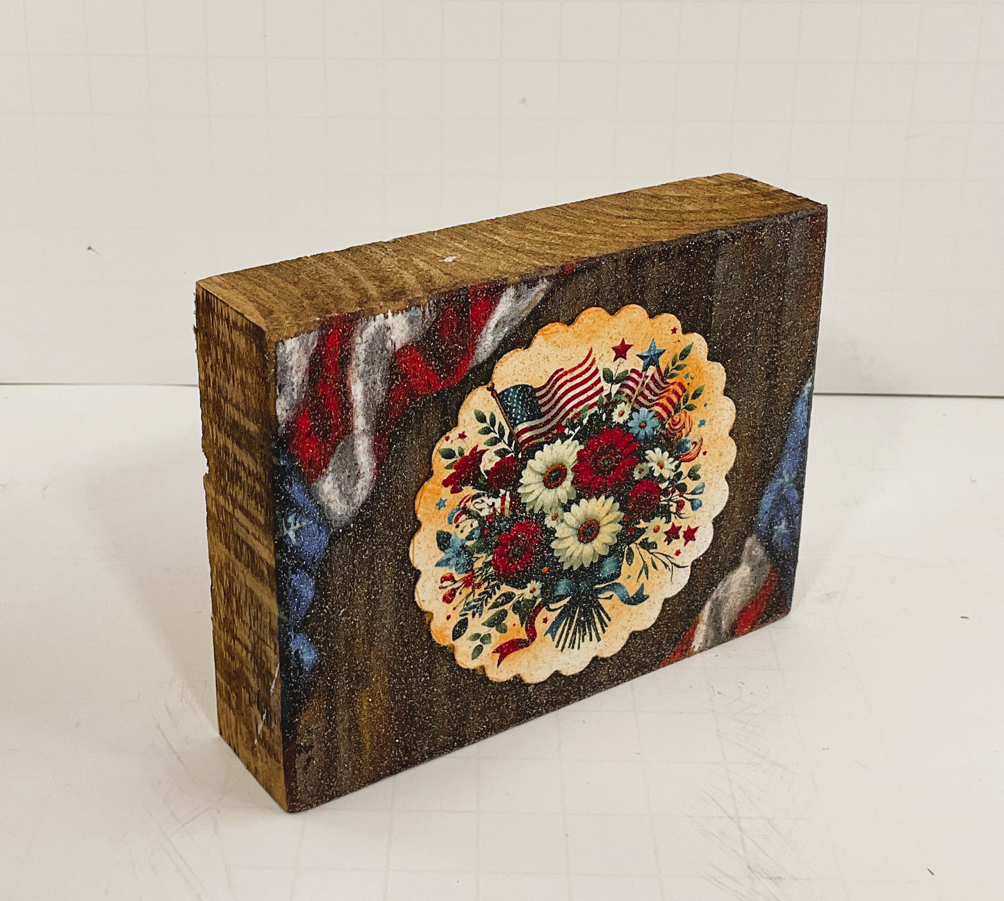 AGD Patriotic Decor - July 4th Floral Bouquet Block Tier Tray SMALL Sign