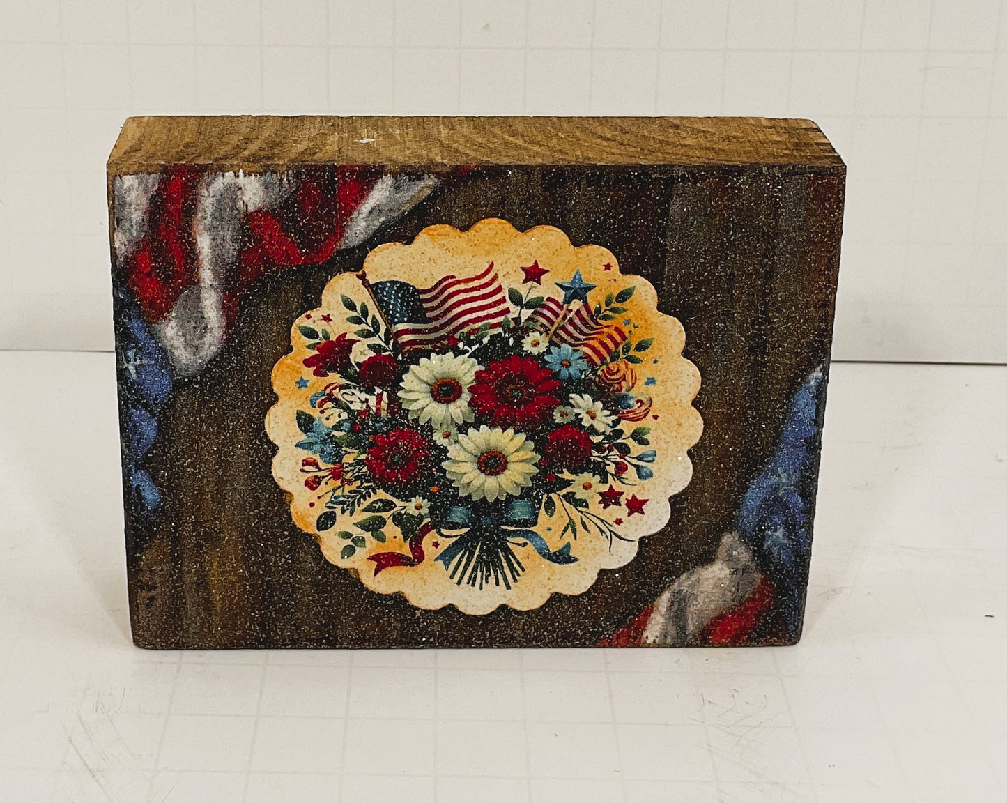 AGD Patriotic Decor - July 4th Floral Bouquet Block Tier Tray SMALL Sign