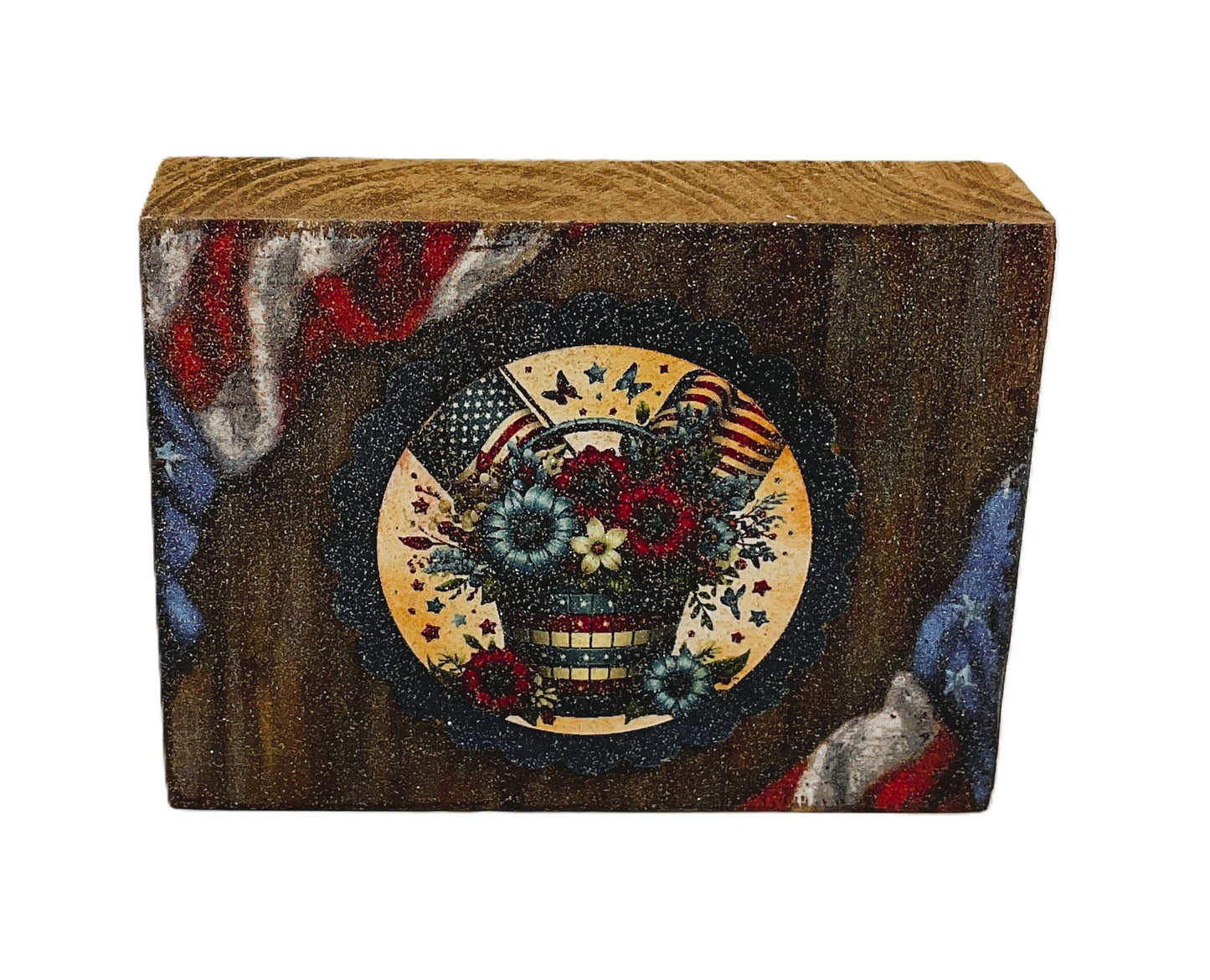 AGD Patriotic Decor - July 4th Floral Bouquet Block Tier Tray SMALL Sign