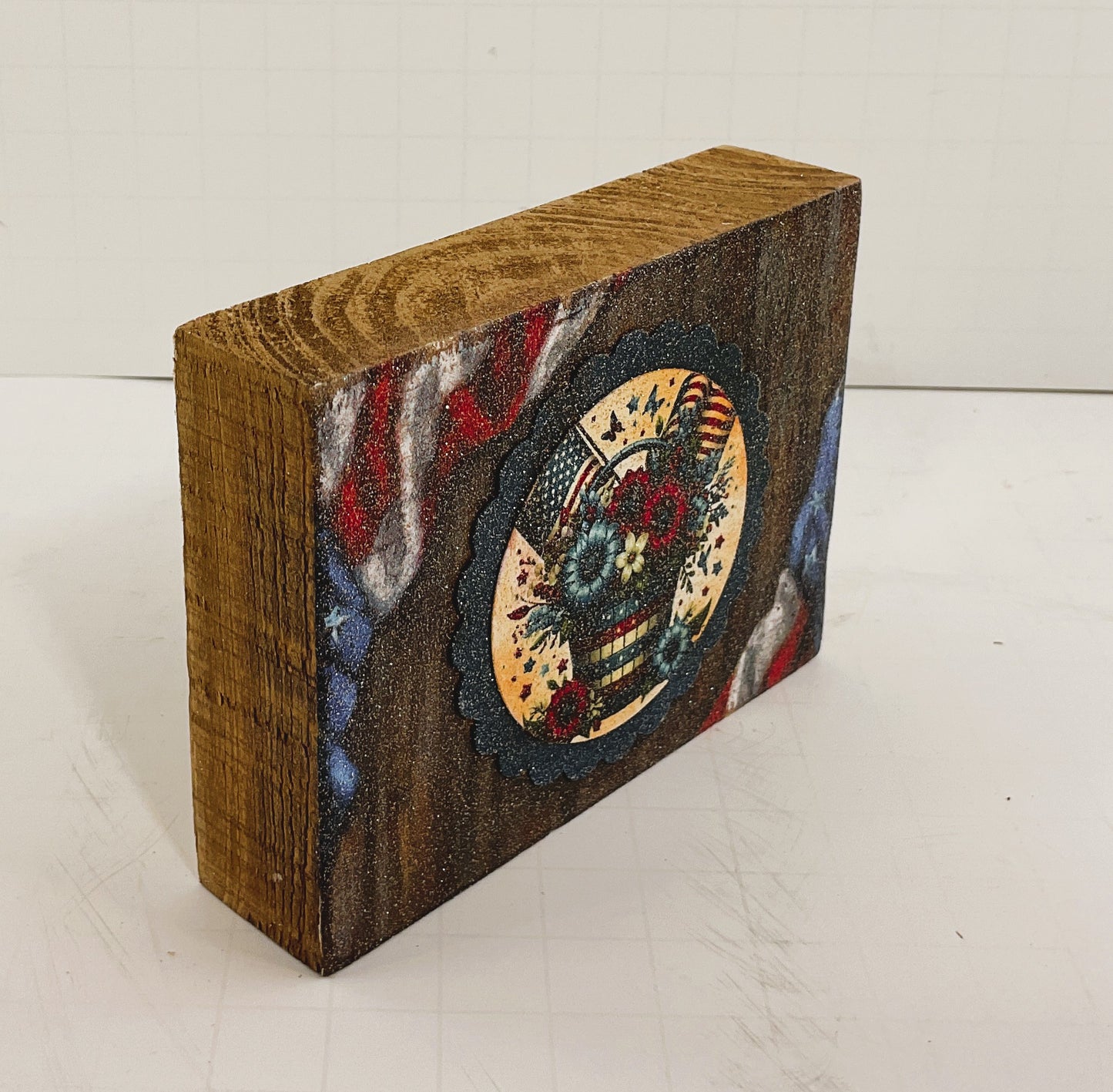 AGD Patriotic Decor - July 4th Floral Bouquet Block Tier Tray SMALL Sign