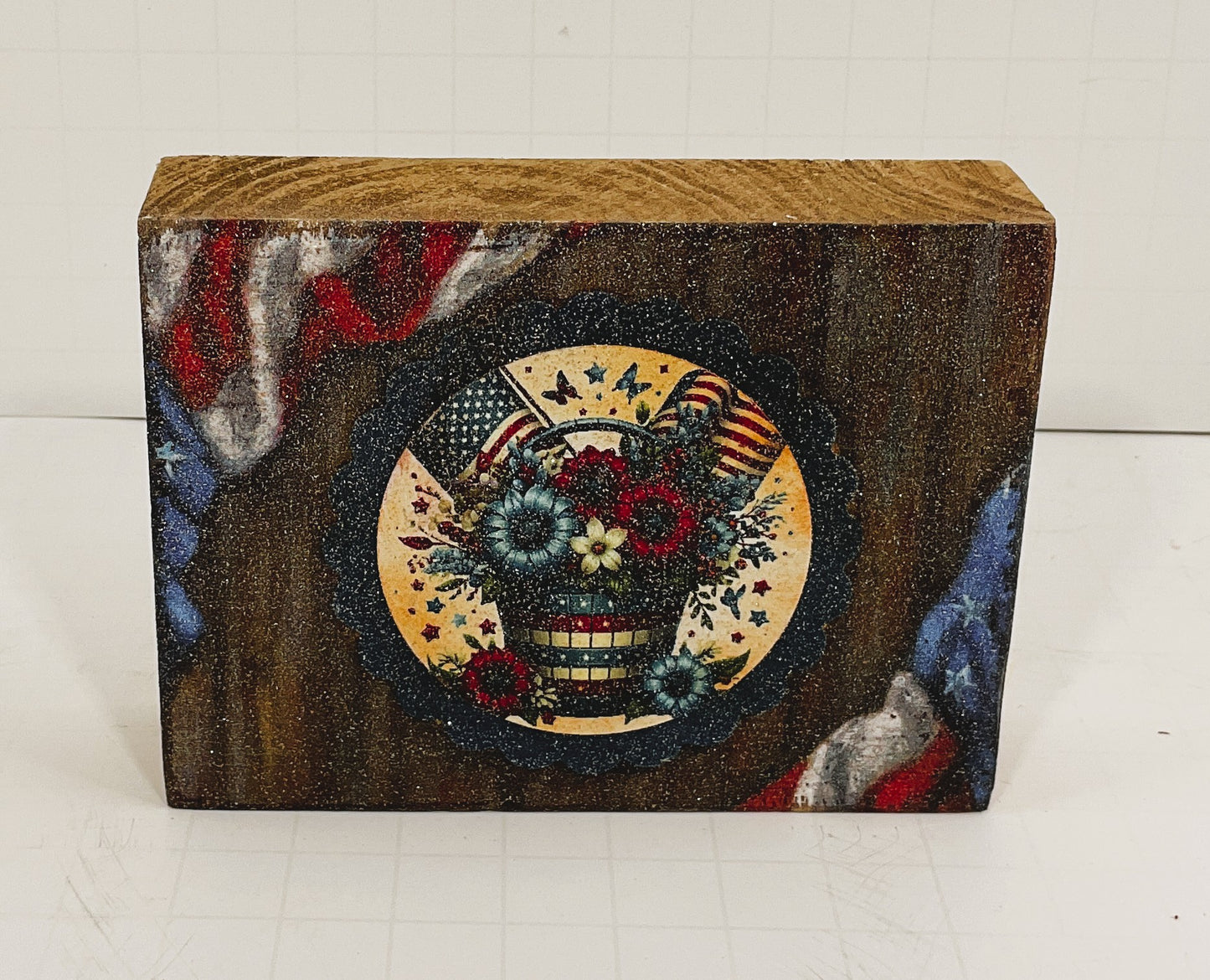 AGD Patriotic Decor - July 4th Floral Bouquet Block Tier Tray SMALL Sign