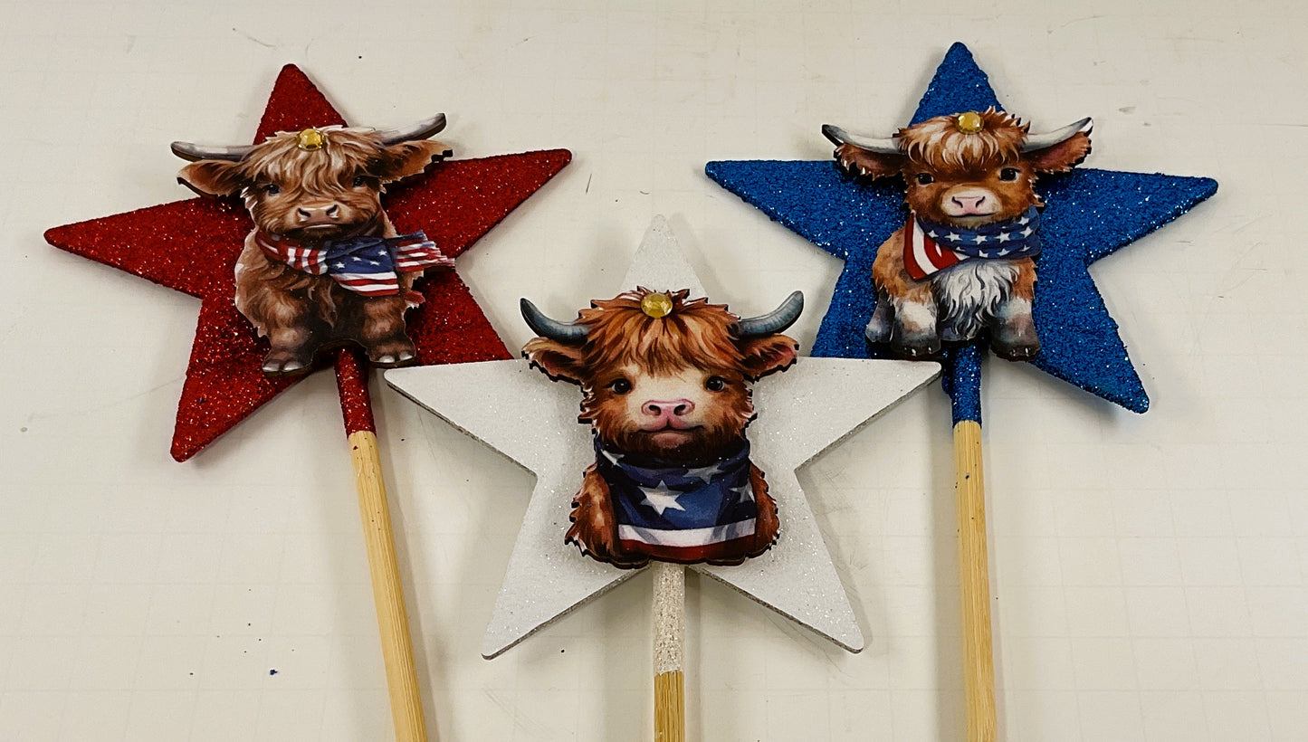 AGD Patriotic Decor - Highland Cow Red White Blue Glitter Star Pick Stakes 3pc