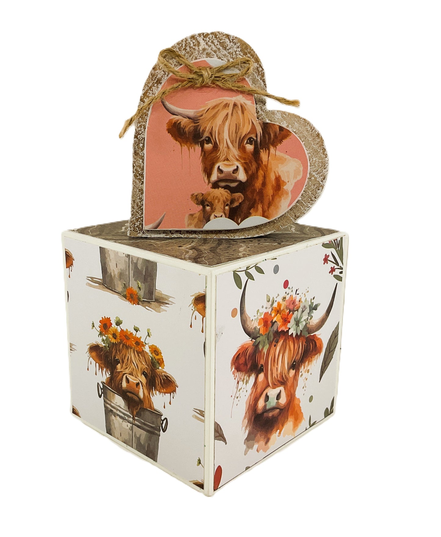 AGD Spring Decor - Floral Flower Highland Cow Chunky Block & Heart Sign 2pc