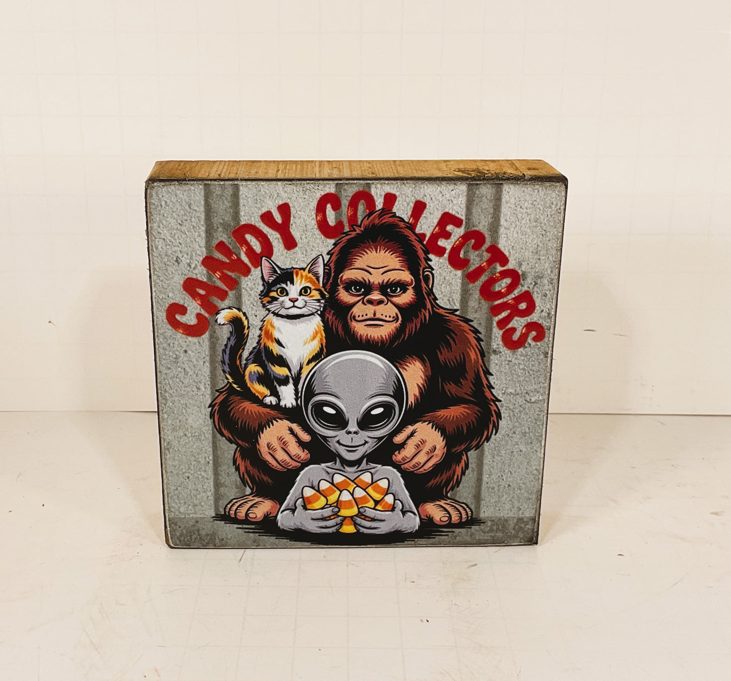 AGD Halloween Decor - Bigfoot Alien Candy Corn Small Block Sign