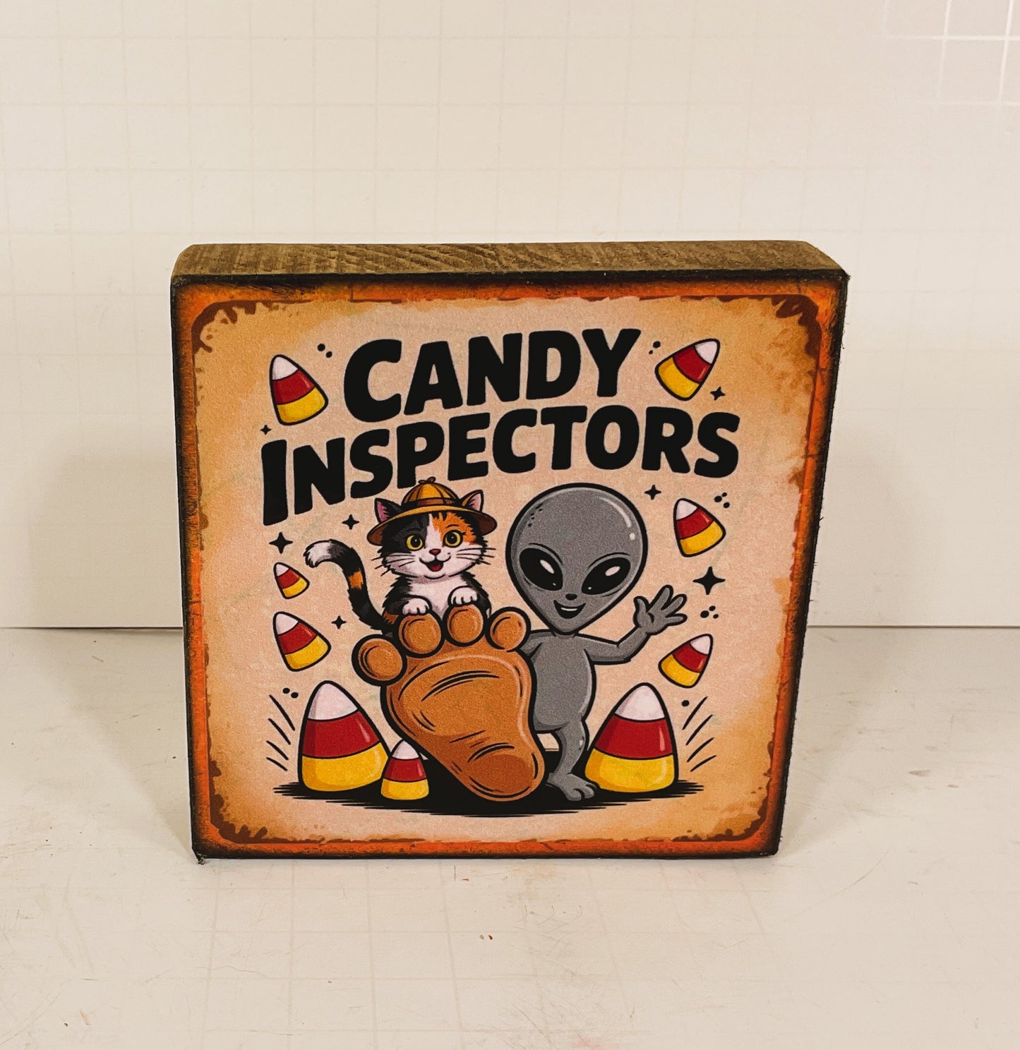 AGD Halloween Decor - Bigfoot Alien Candy Corn Small Block Sign