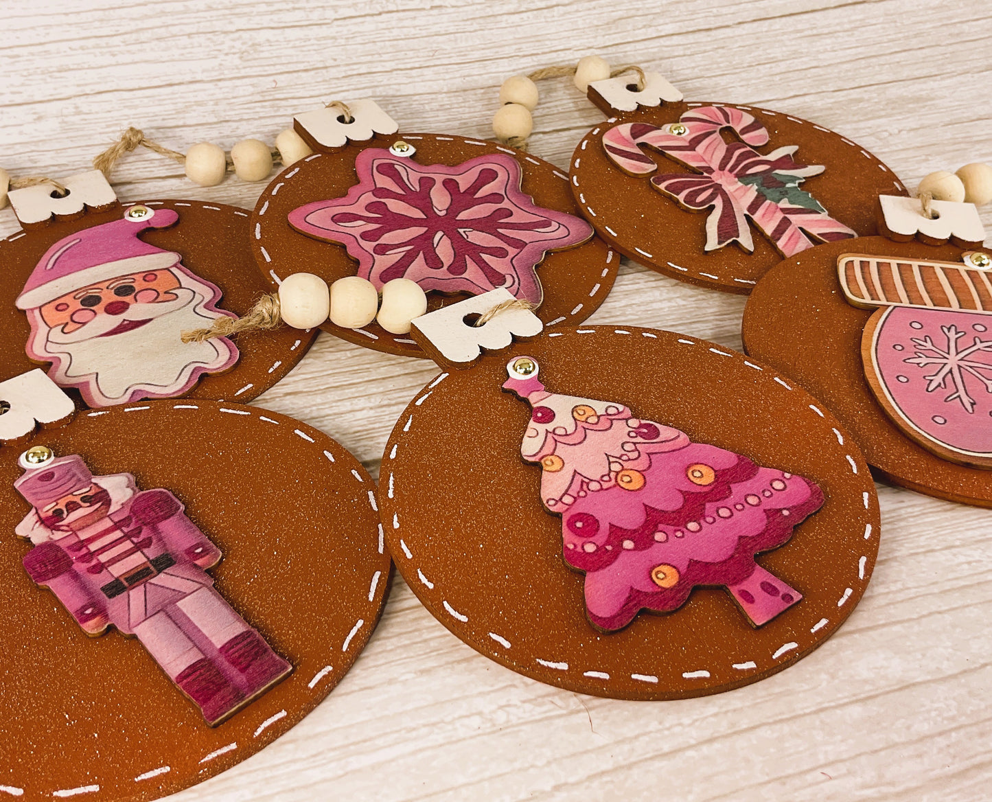 AGD Christmas Decor - Pink Pastel Gingerbread Beaded Ornaments 6pc Set