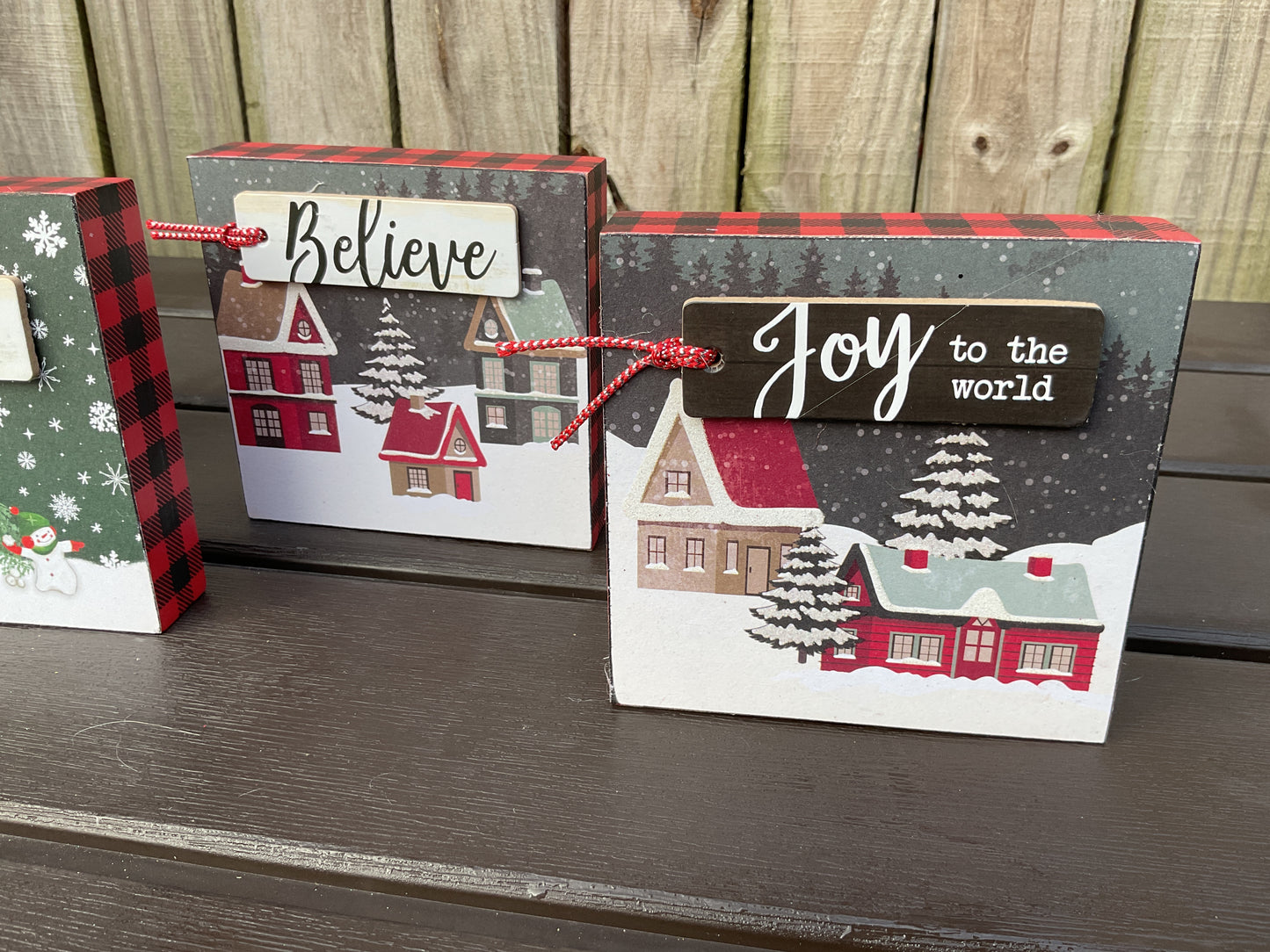 AGD Christmas Decor - Red Black Buffalo Snow Village Block Scene 4pc