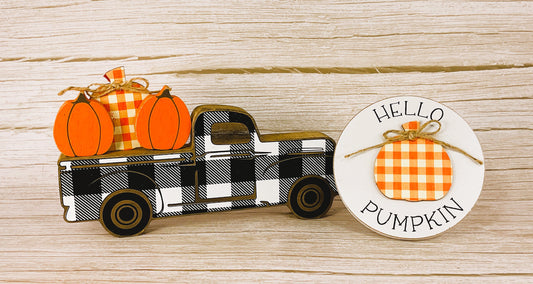 AGD Halloween Decor - Wood Truck Hello Pumpkin Sign Tier Tray Decor 2pc