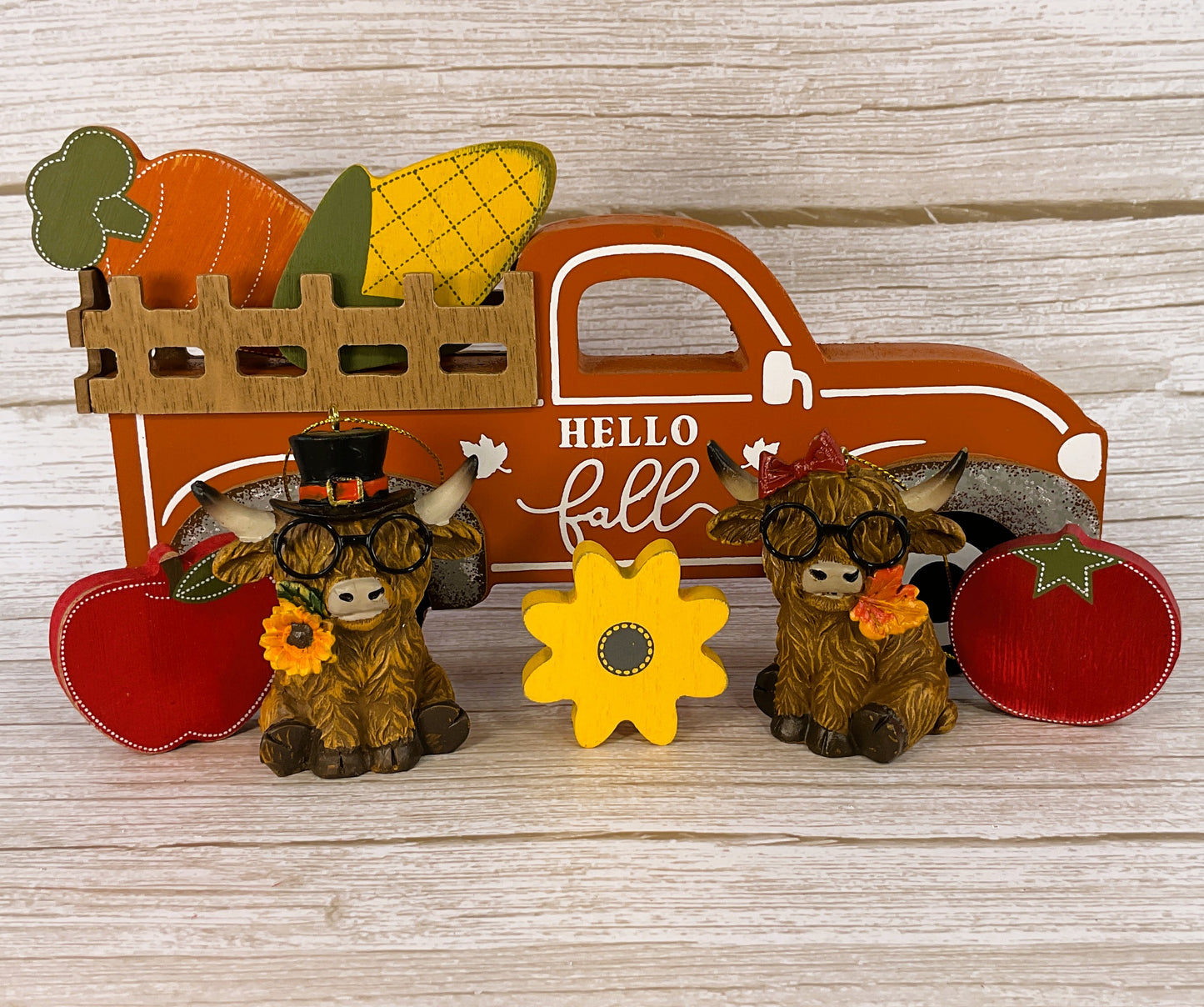 AGD Fall Decor - Resin Highland Cow Wood Truck Tabletop Set