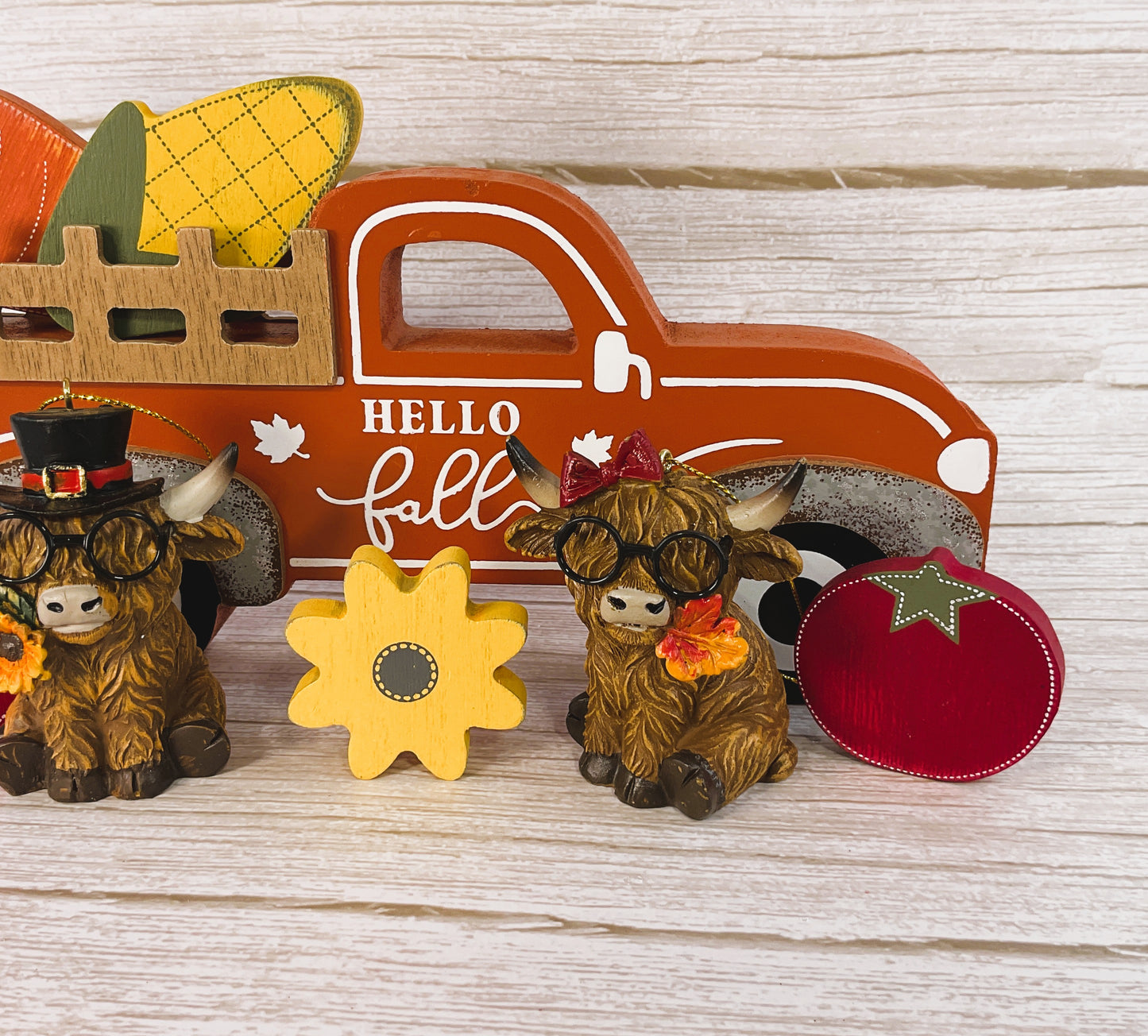 AGD Fall Decor - Resin Highland Cow Wood Truck Tabletop Set