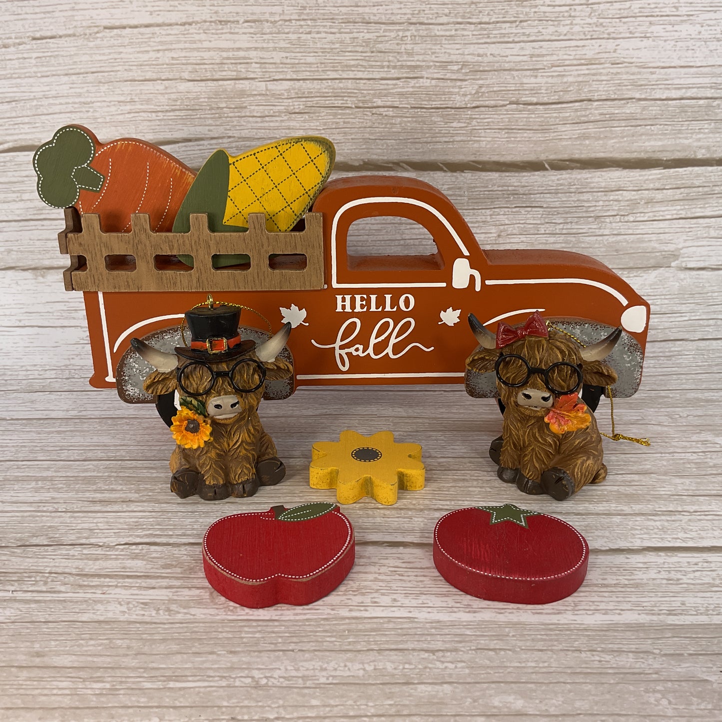 AGD Fall Decor - Resin Highland Cow Wood Truck Tabletop Set