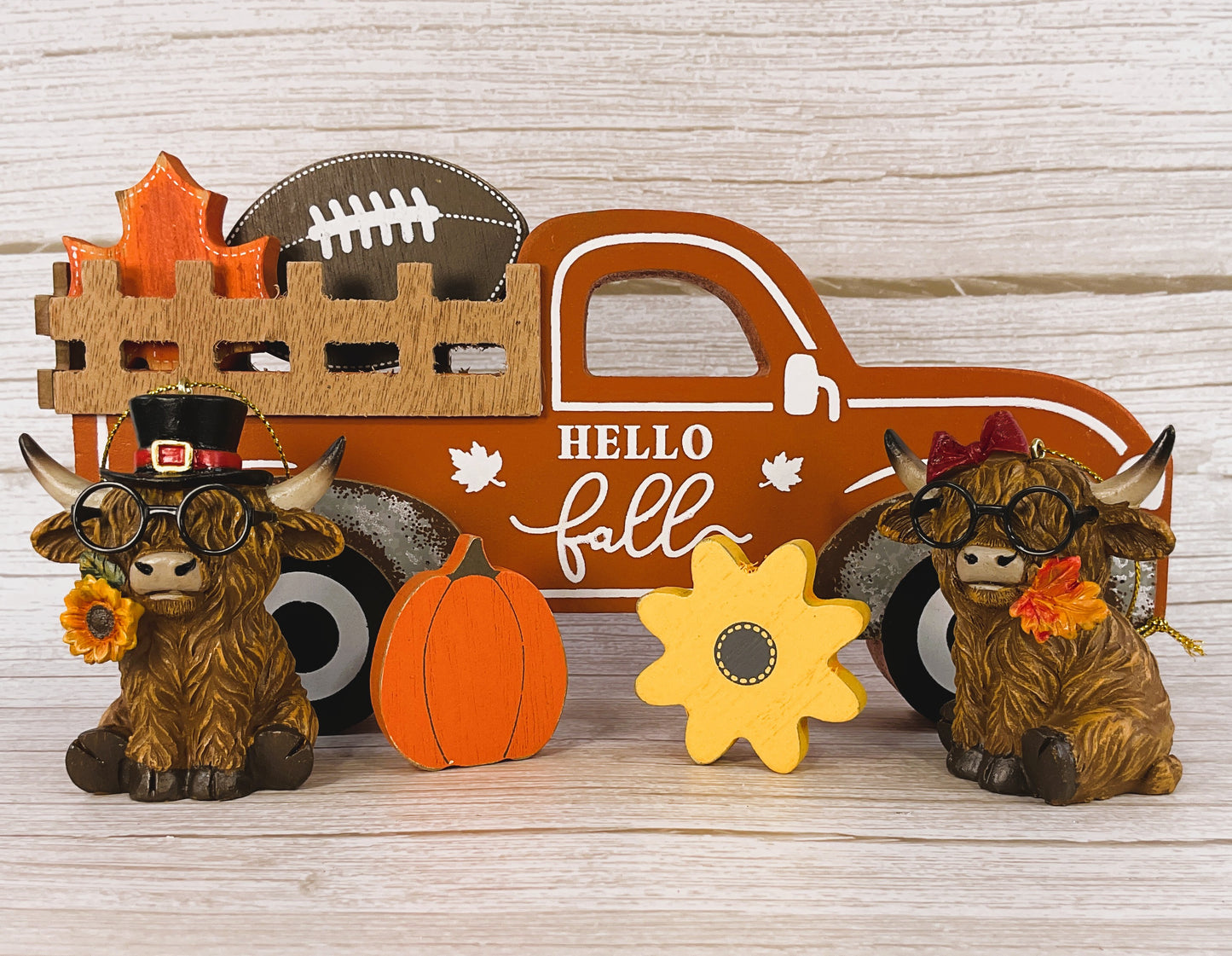 AGD Fall Decor - Resin Highland Cow Wood Truck Tabletop Set