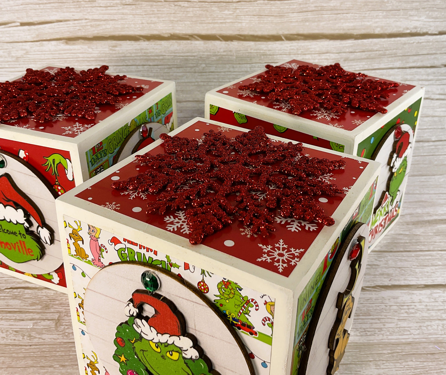 AGD Christmas Decor - Whimsy Green Blocks Ornament Snow-globe 4pc