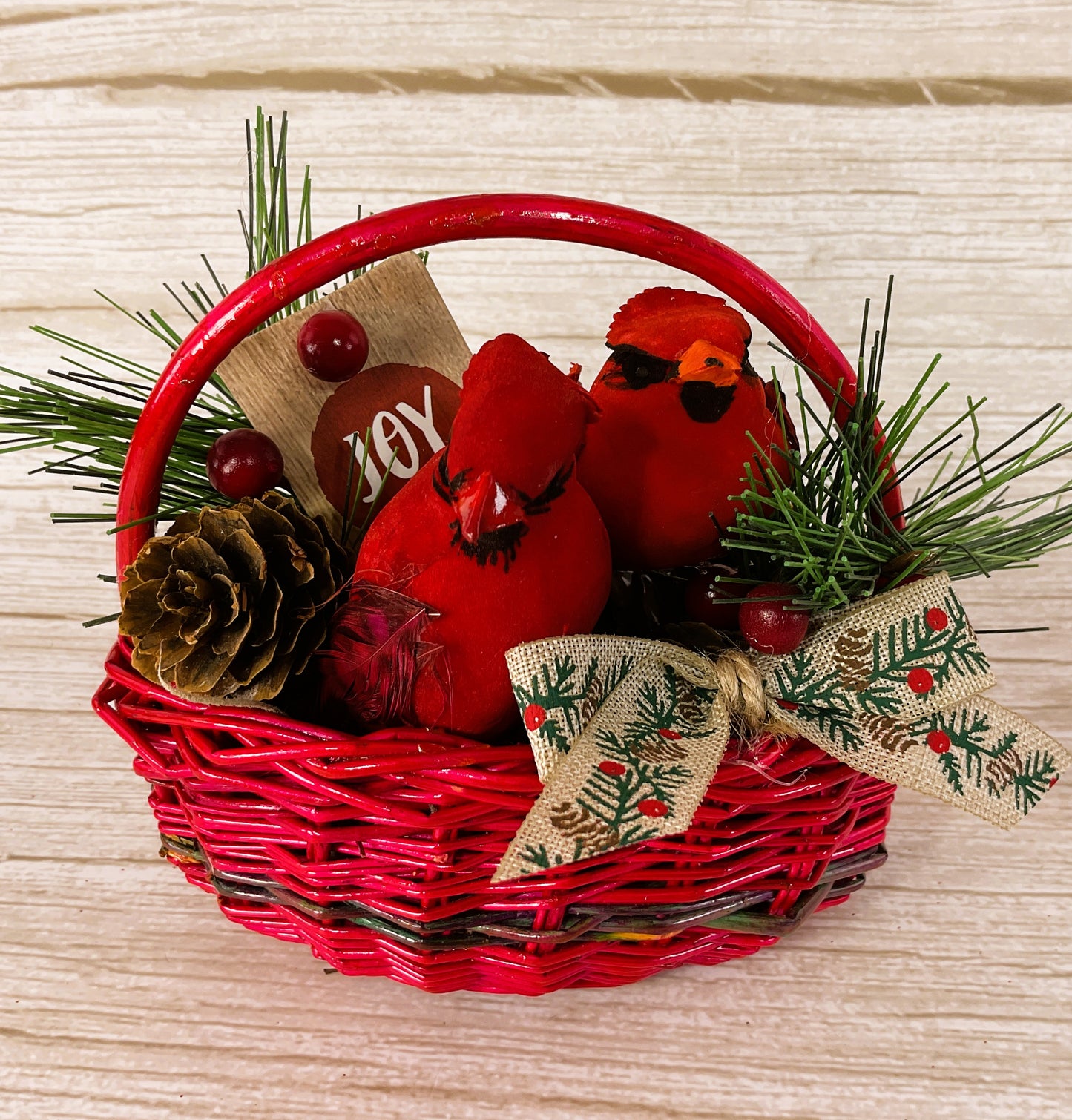 AGD Christmas Decor - Red Cardinal Small Floral Winter Woven Basket