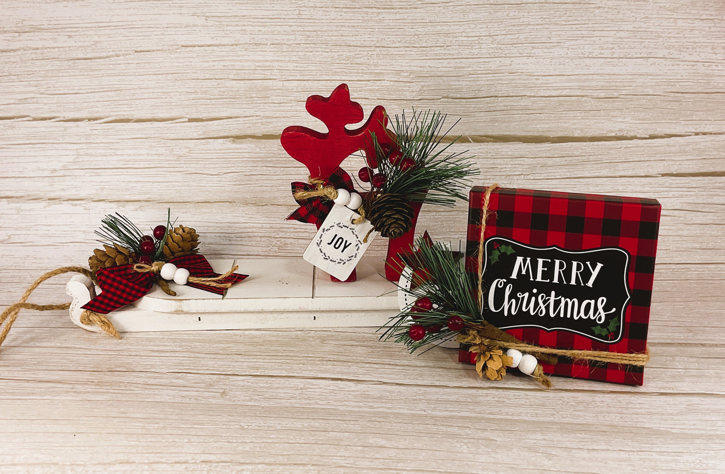 AGD Christmas Decor - Buffalo Plaid Sled Reindeer Trees 3pc