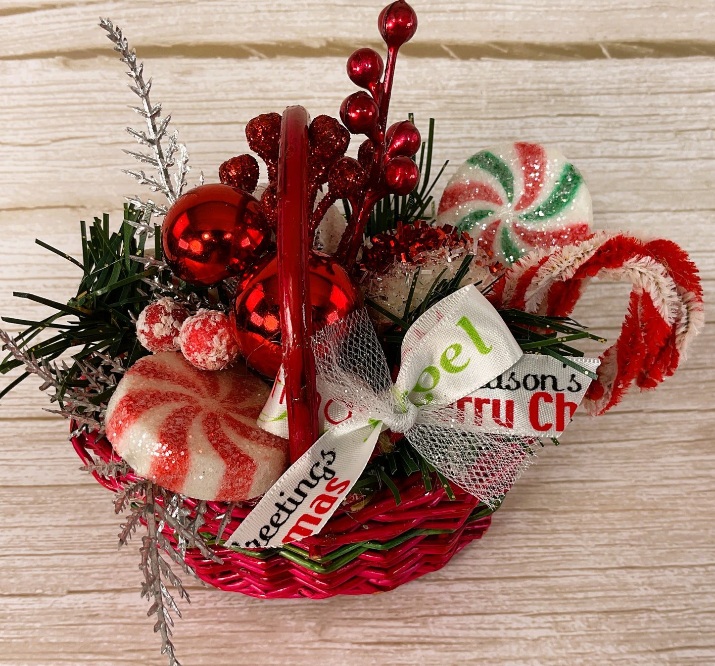 AGD Christmas Decor - Peppermint Candies in Woven Basket