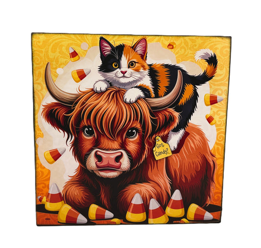 AGD Halloween Decor - Highland Cow Calico Cat Candy Corn Box Sign