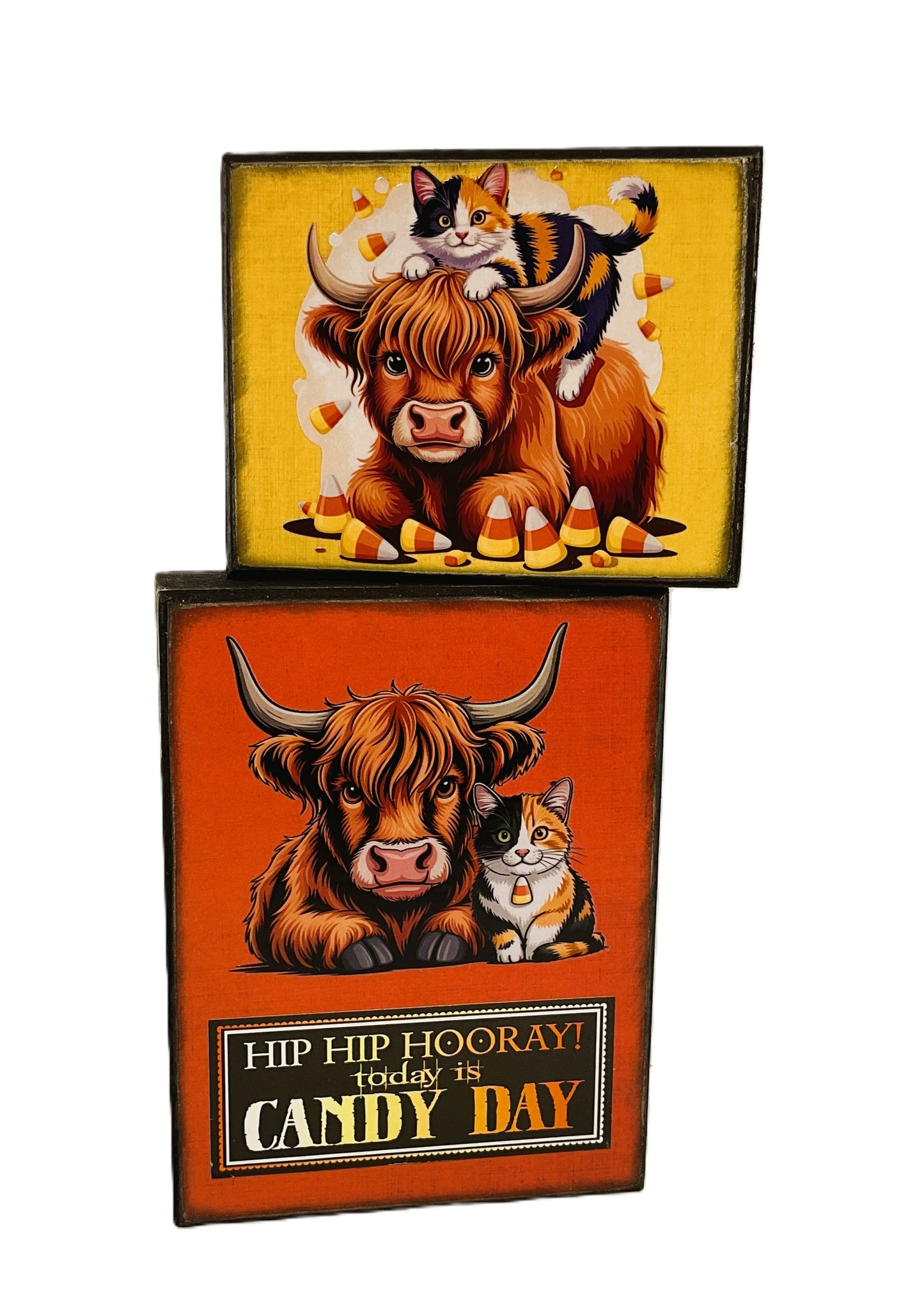 AGD Halloween Decor - Highland Cow Calico Cat Candy Corn Box Sign 2pc