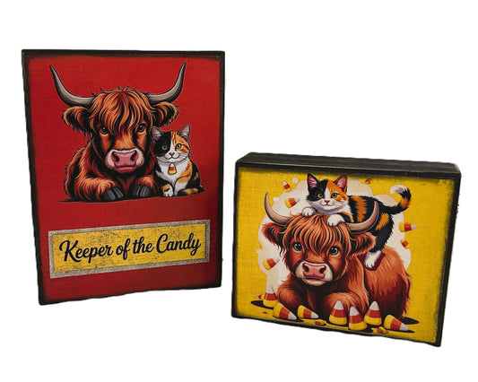 AGD Halloween Decor - Highland Cow Calico Cat Candy Corn Box Sign 2pc