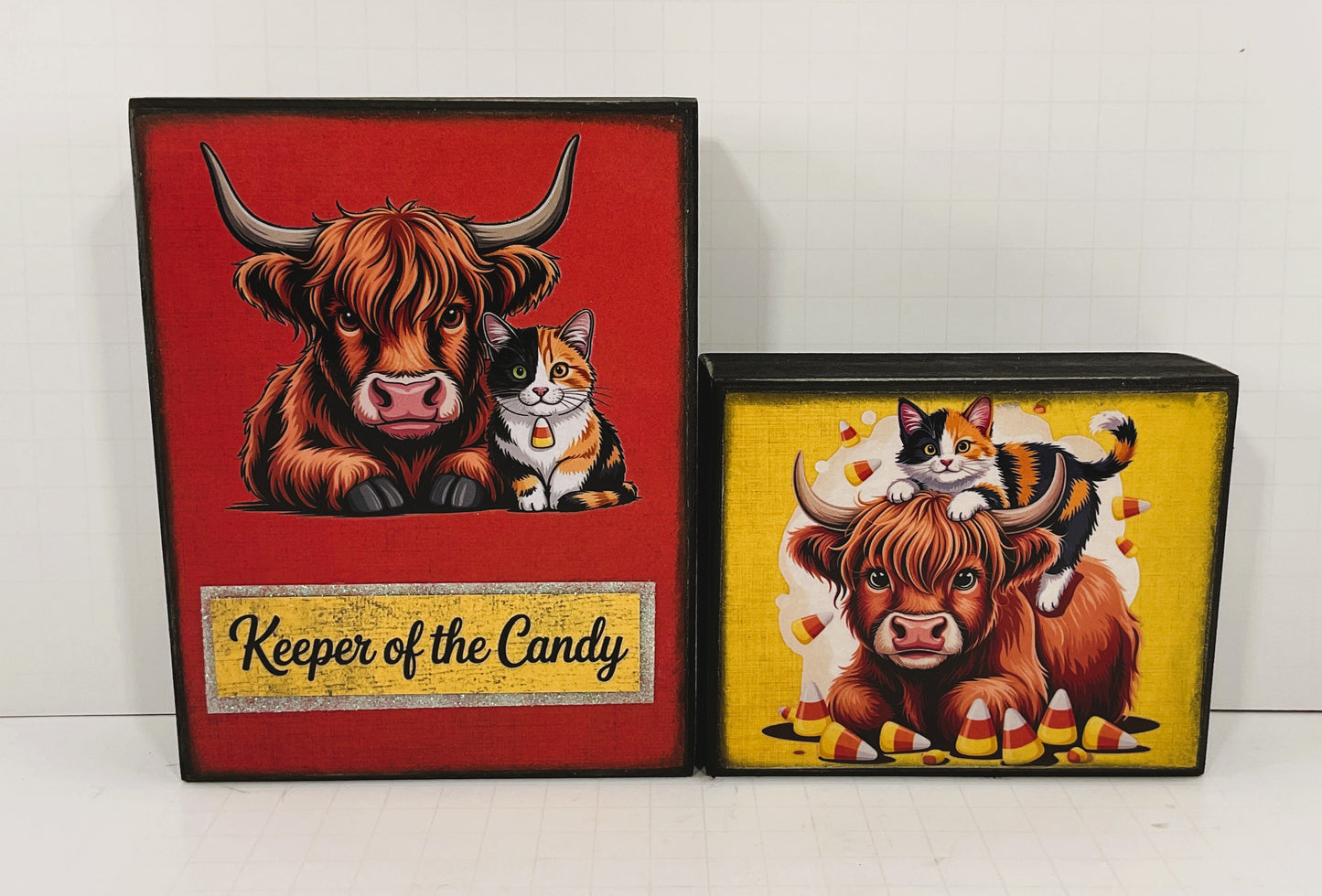 AGD Halloween Decor - Highland Cow Calico Cat Candy Corn Box Sign 2pc