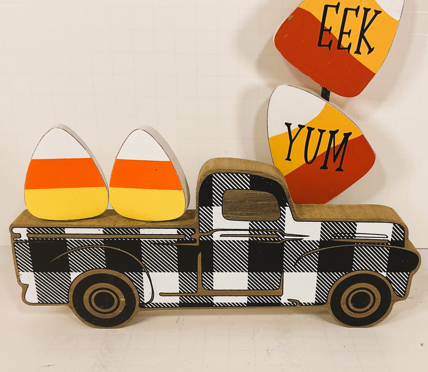 AGD Halloween Decor - Boo Eek Yum Stacking Candy Corn & Truck Wood 2pc