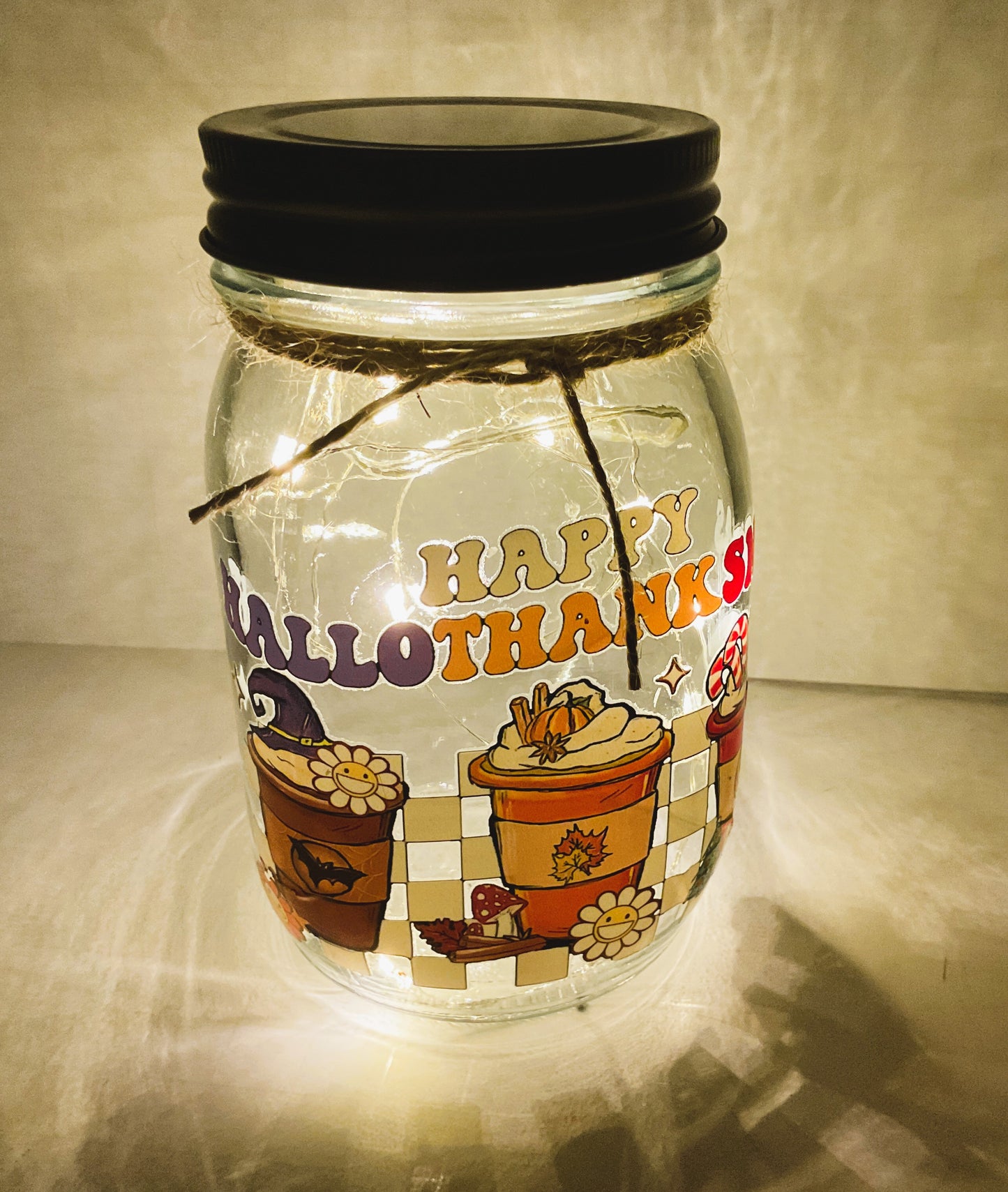 AGD Fall Decor - Hallothankmas Multi Seasons Latte Lighted Mason Jar