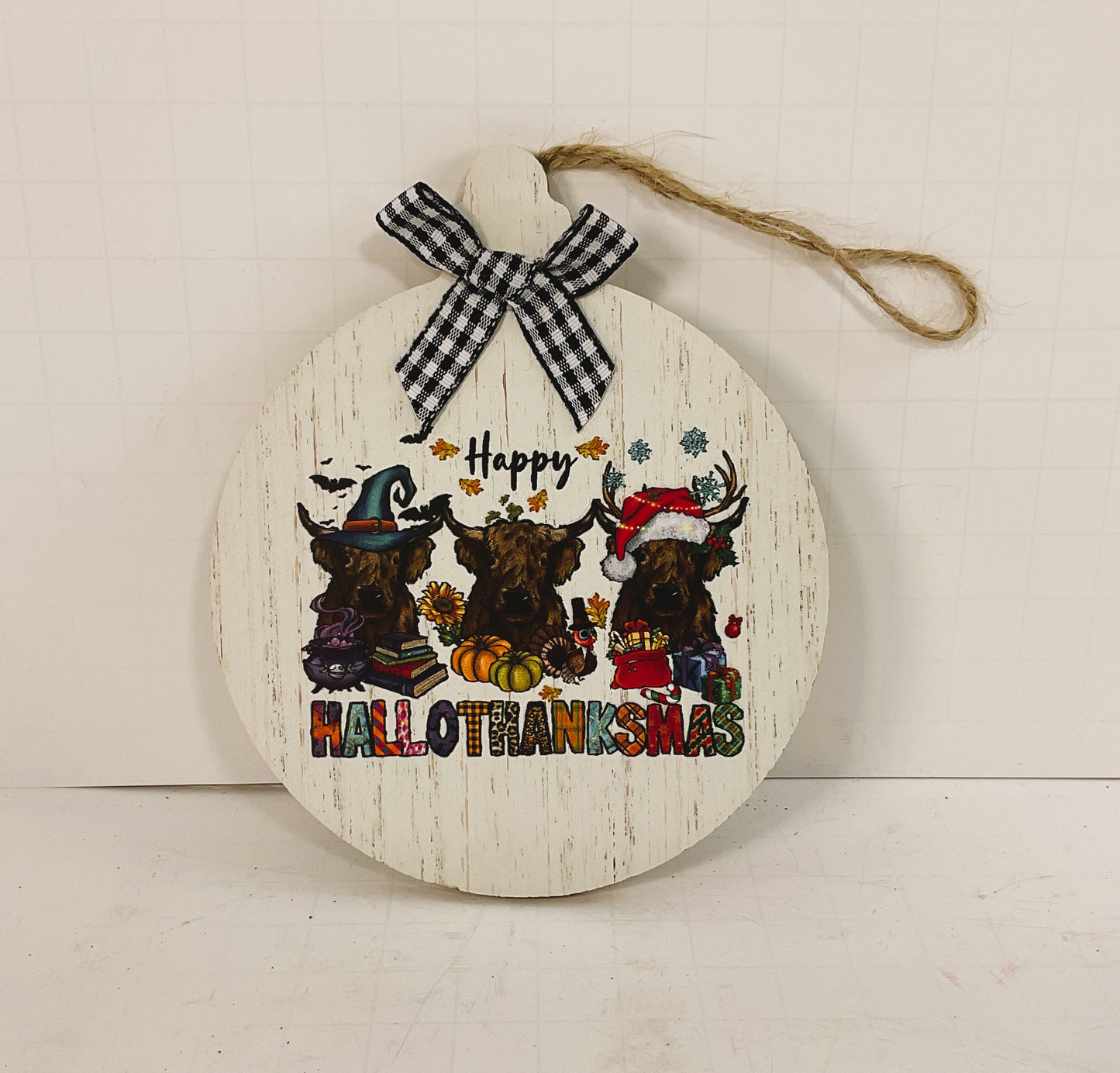 AGD Fall Decor - Highland Cow Coo Happy Hallothankmas Seasonal Ornament