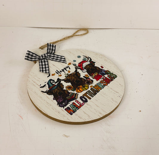 AGD Fall Decor - Highland Cow Coo Happy Hallothankmas Seasonal Ornament