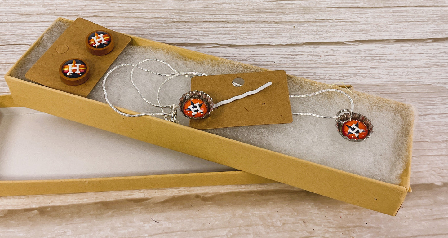 AGSD Novelty Jewelry -Mini Bottlecap Baseball Necklace Earring Hair-pin Set