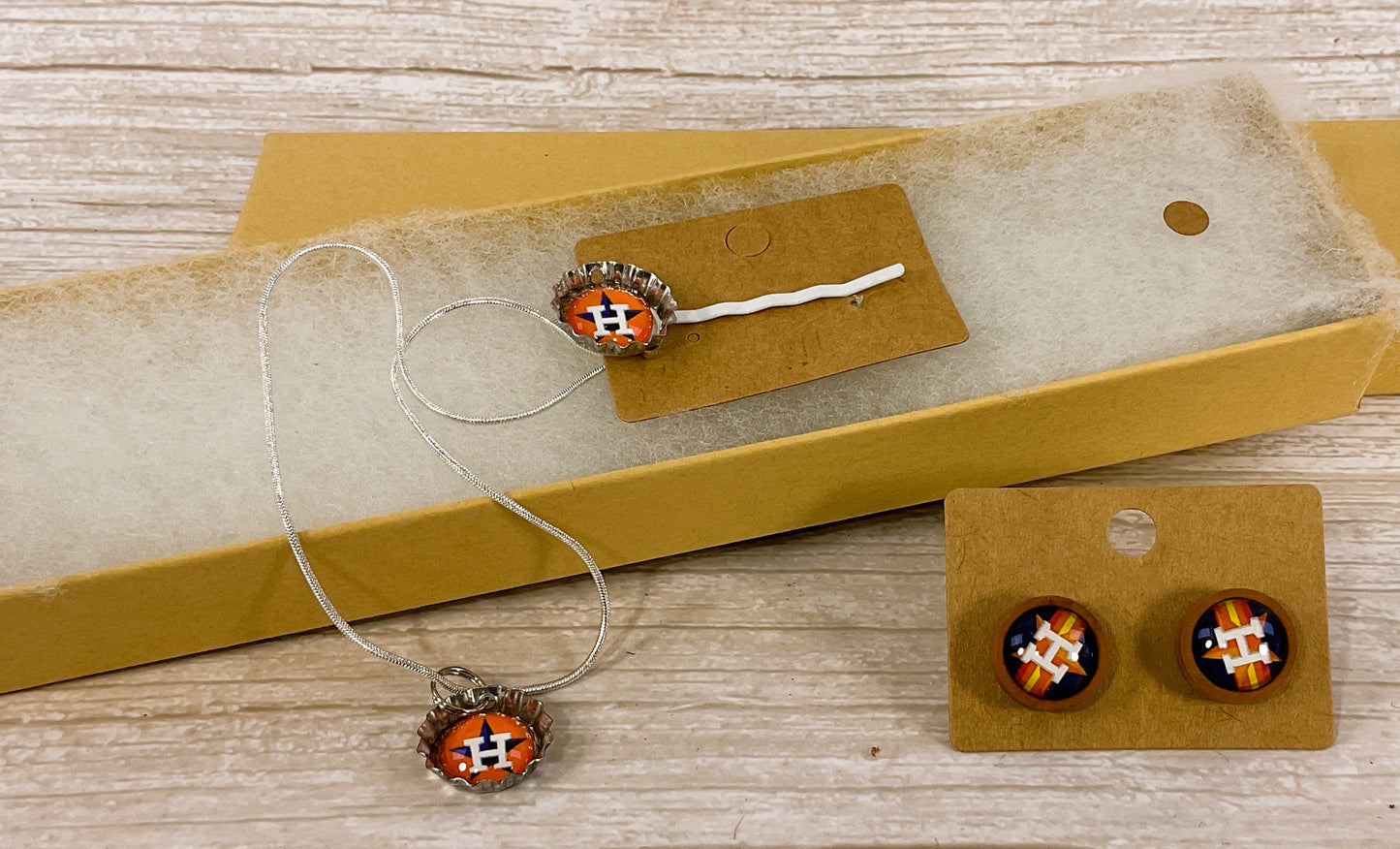 AGSD Novelty Jewelry -Mini Bottlecap Baseball Necklace Earring Hair-pin Set