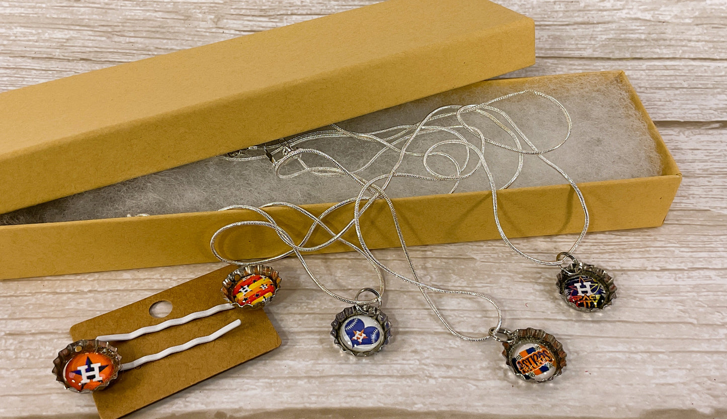 AGSD Novelty Jewelry - Mini Bottlecap (3) Baseball Necklaces & (2) Hair-pin Set