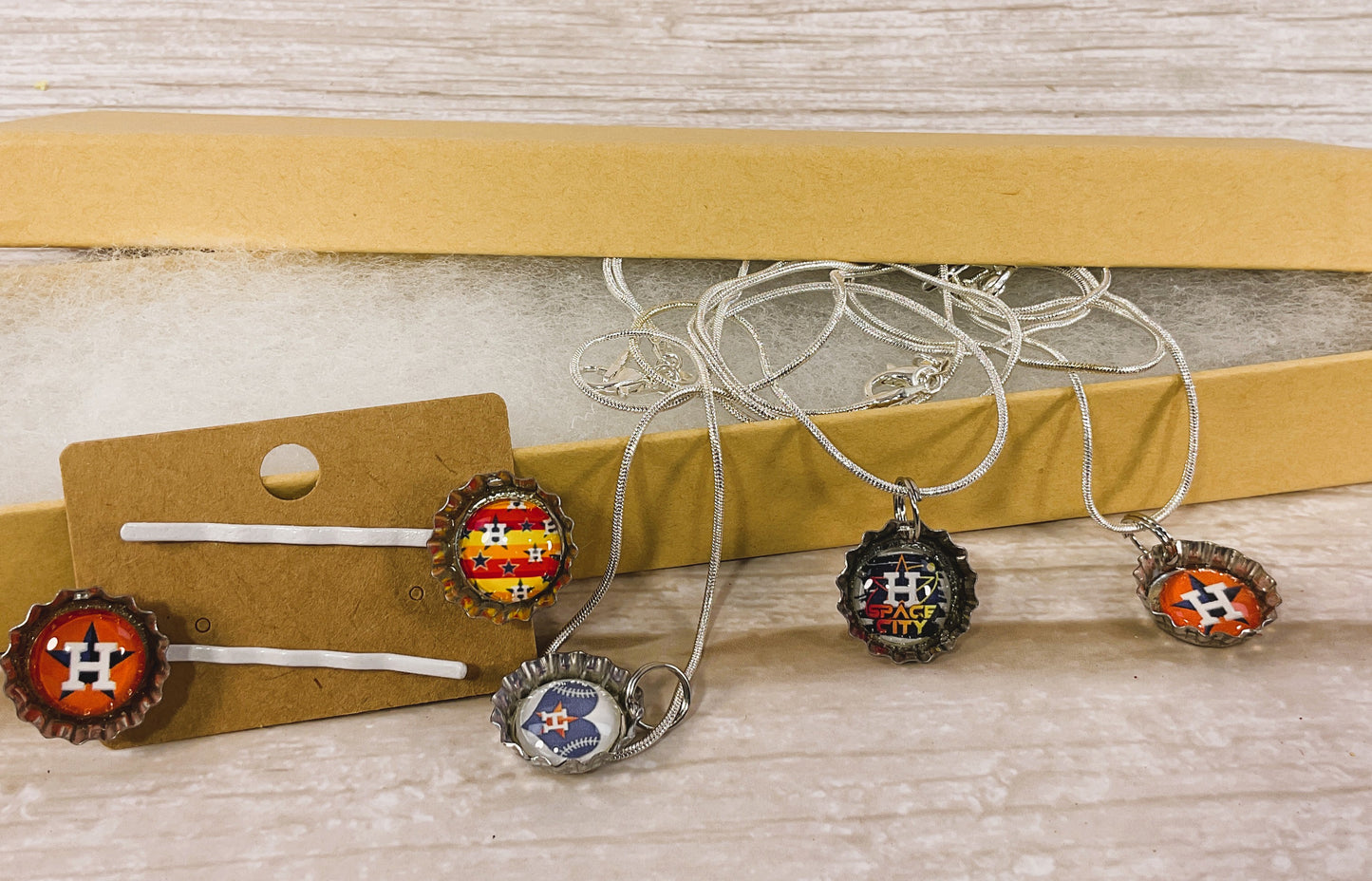 AGSD Novelty Jewelry - Mini Bottlecap (3) Baseball Necklaces & (2) Hair-pin Set