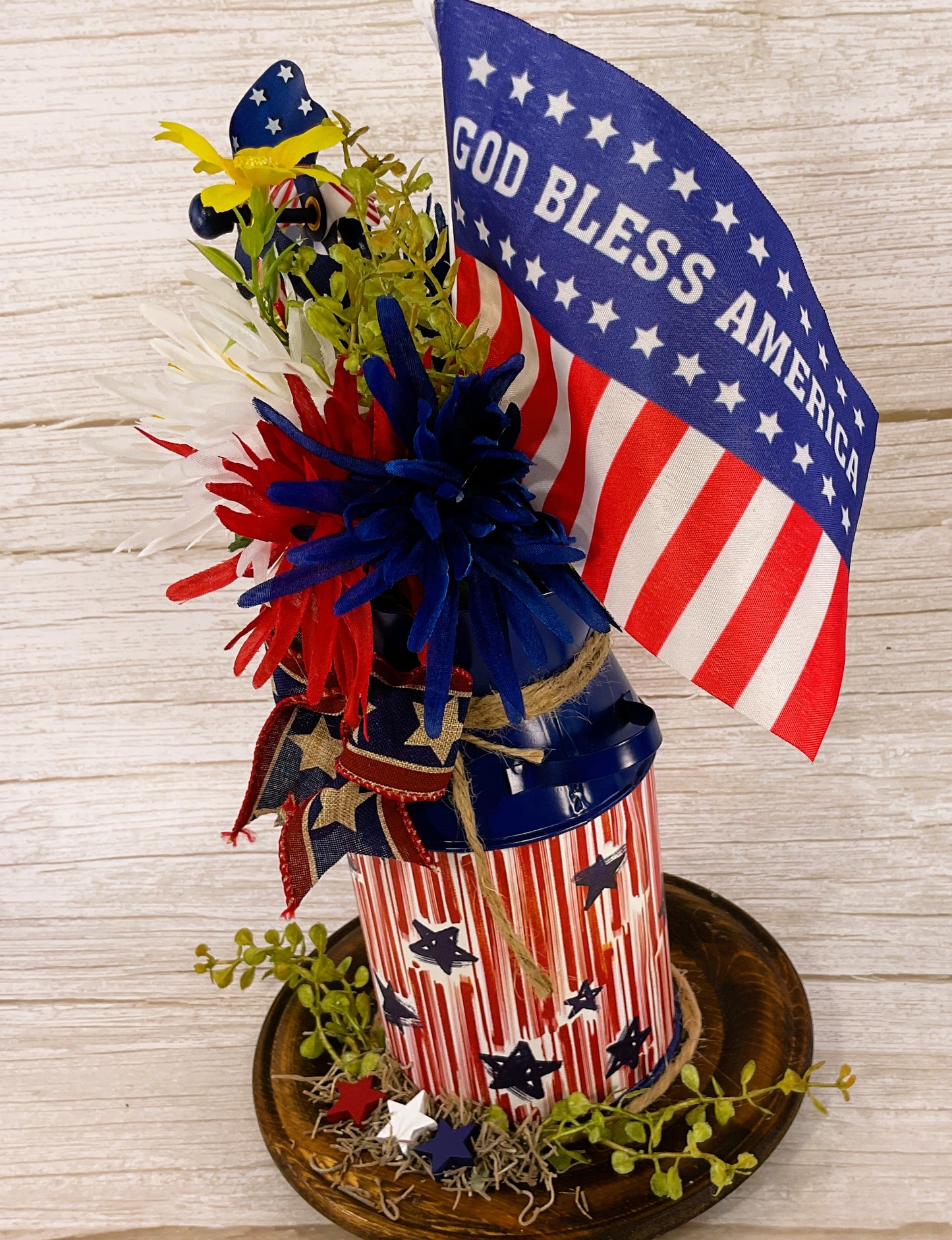 AGSD Patriotic Decor - God Bless America Milk Can Flowers Display