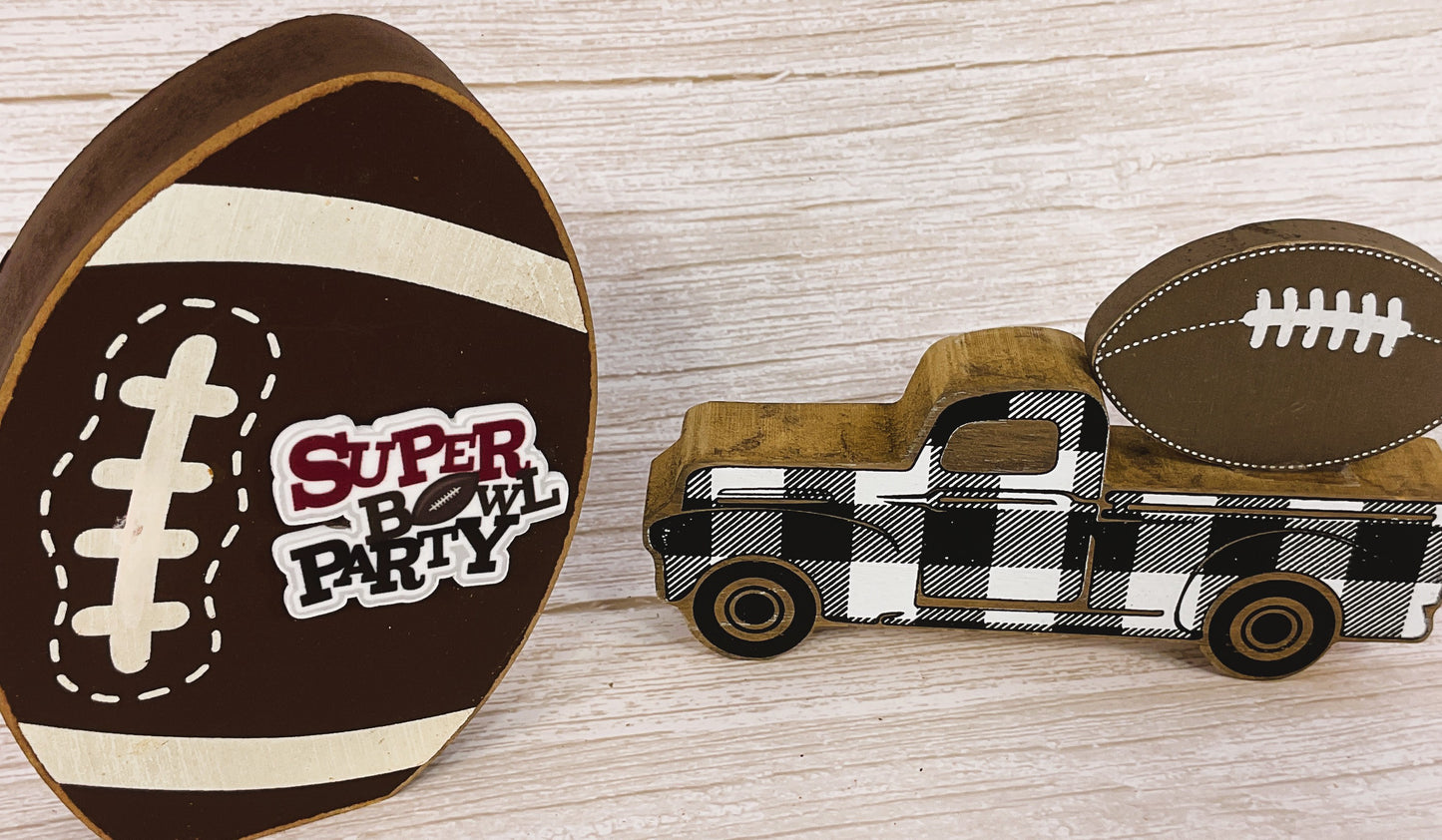 AGSD Fall Decor - Superbowl Party Football Themed Chunky Wood Decor 2pc Set
